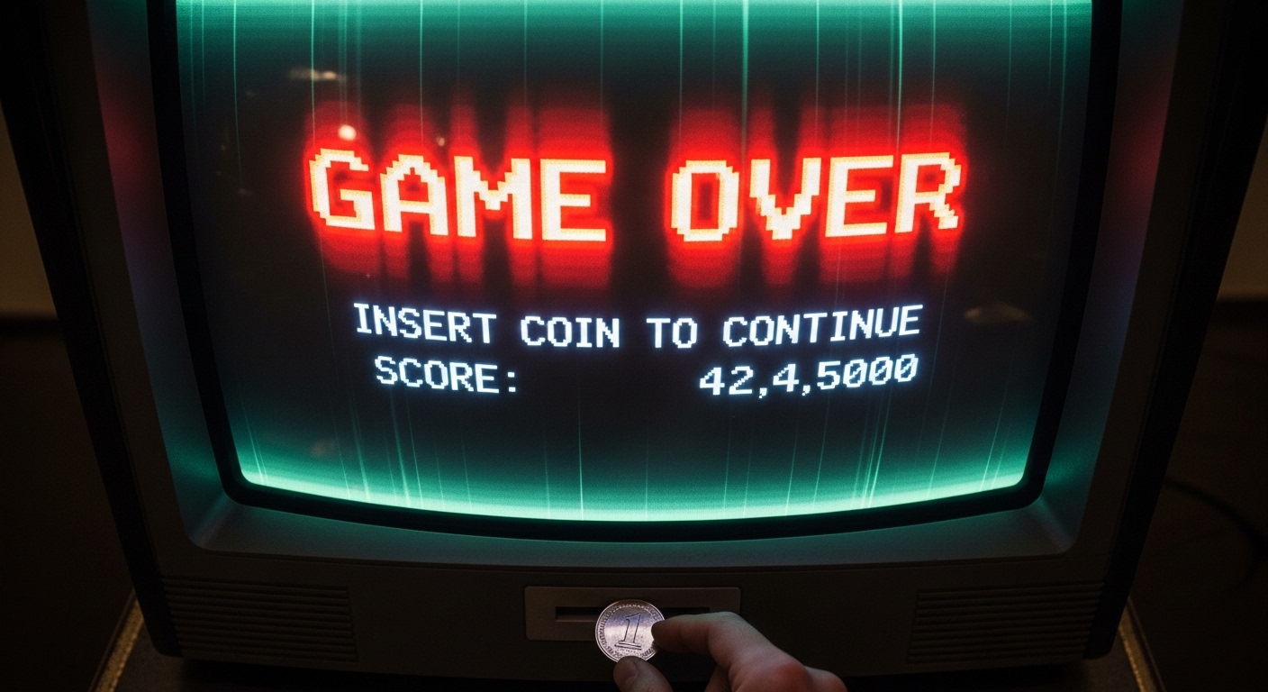 A person inserting a coin into arcade games to continue their play